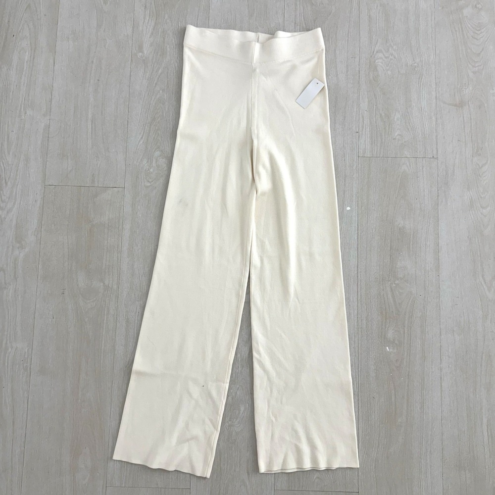 Women Cream Knit Wide Leg Soft Stretchy Lounge Pants Size Small High Rise Ribbed